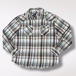 Old Navy Plaid Snap Shirt Lightweight Cotton Green Blue XL